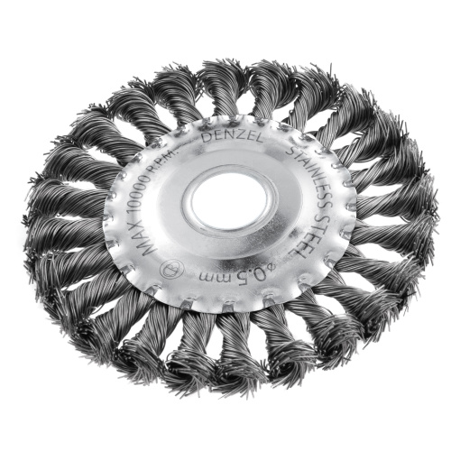 Щетка для УШМ, 125 мм, "Плоская", крученая нержавеющая проволока 0.5 мм, посадка 22.2 мм Denzel по ценам производителя в Уфе с доставкой по всей России