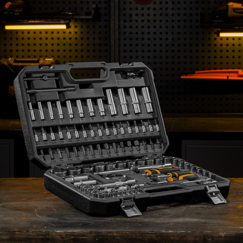 Набор инструментов, 1/2", 1/4", CrV, S2, пластиковый кейс, 94 предмета Denzel по ценам производителя в Уфе с доставкой по всей России