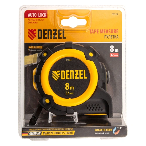Рулетка 8м х 32мм, автоматич. фиксац., нейлон. покрытие, магнит. зацеп, двухстор. разметка Denzel по ценам производителя в Уфе с доставкой по всей России