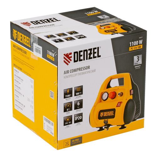 Компрессор воздушный безмасляный РС 1/6-180,1, 1 кВт, 180 л/мин, 6 л Denzel по ценам производителя в Уфе с доставкой по всей России