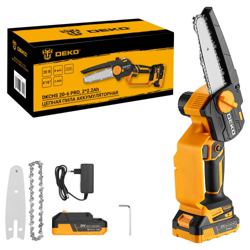 Пила цепная аккумуляторная DEKO DKCHS 20-6 PRO, 4" и 6", 20В, 2x2.2Ач, 2 шины и 2 цепи по ценам производителя в Уфе с доставкой по всей России