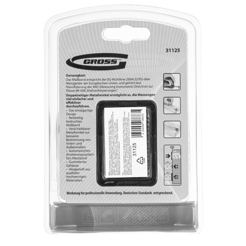 Рулетка "Doppelhaken",8 м x 25 мм,двухсторонний зацеп,Нейлон,двусторонняя шкала,автоматическая фиксация Gross по ценам производителя в Уфе с доставкой по всей России