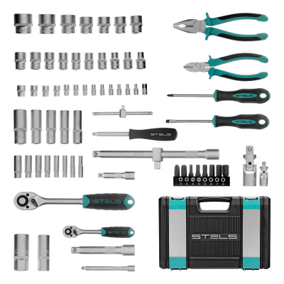 Набор инструментов, 1/2", 1/4", CrV, пластиковый кейс 69 предметов Stels по ценам производителя в Уфе с доставкой по всей России