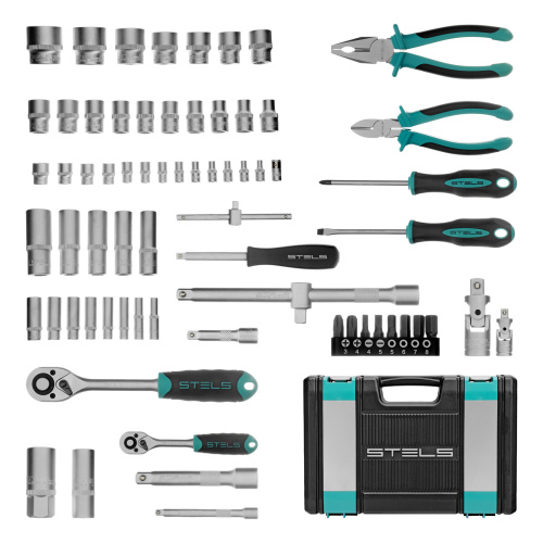 Набор инструментов, 1/2", 1/4", CrV, пластиковый кейс 69 предметов Stels по ценам производителя в Уфе с доставкой по всей России