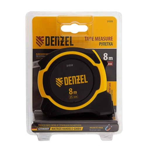 Рулетка 8м х 25мм, двухкомп. корпус, магнитный обрезиненный зацеп Denzel по ценам производителя в Уфе с доставкой по всей России