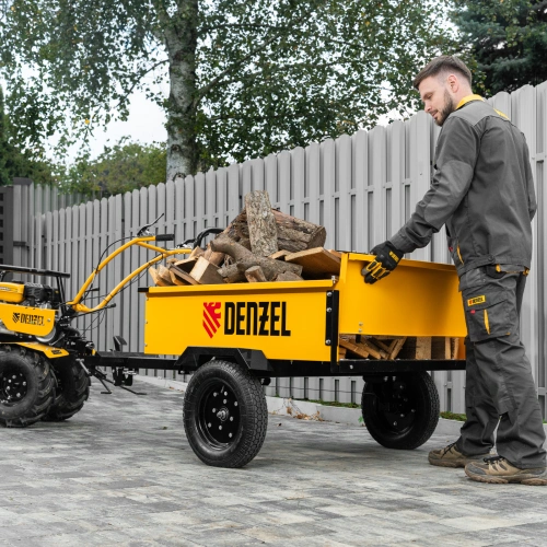 Прицеп для мотоблока TT-500, оцинк., груз. 500 кг, рег. сцепка, колеса 4.00-10, в упаковке Denzel по ценам производителя в Уфе с доставкой по всей России