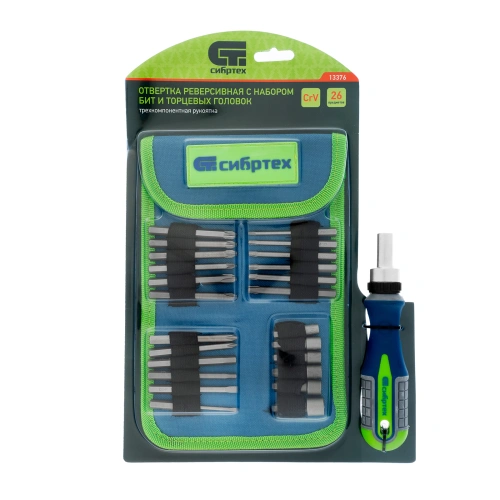 Отвертка реверсивная с набором бит и торцевых головок, 25 шт, CrV, чехол Сибртех по ценам производителя в Уфе с доставкой по всей России