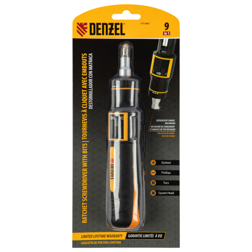 Отвертка реверсивная с револьверным механизмом, 11 шт, сталь S2  Denzel по ценам производителя в Уфе с доставкой по всей России