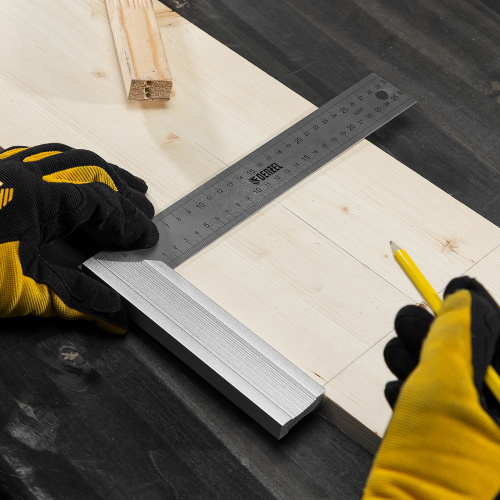 Угольник стальной 300 мм, нержавеющая сталь, градуировка, алюминиевое основание Denzel по ценам производителя в Уфе с доставкой по всей России