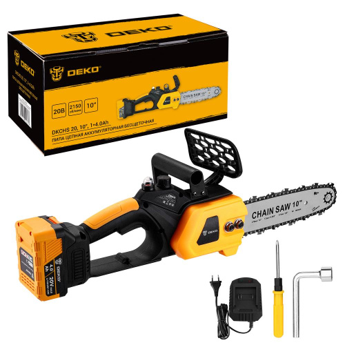 Пила цепная аккумуляторная бесщеточная DEKO DKCHS 20, 10", 20В, 1x4.0Ач, з/у по ценам производителя в Уфе с доставкой по всей России