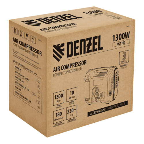 Компрессор воздушный DL1300, 10 бар, 1,3 кВт 180 л/мин 5 л, с набором аксессуаров Denzel по ценам производителя в Уфе с доставкой по всей России