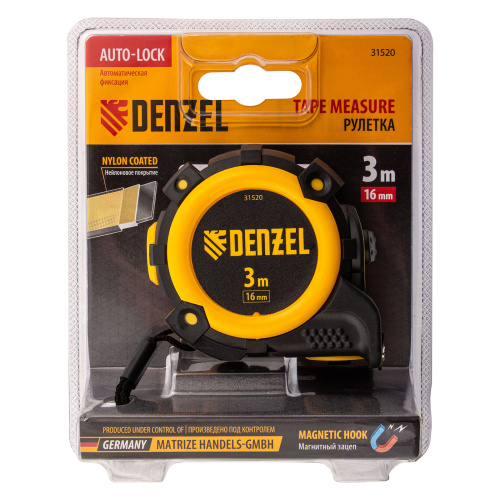 Рулетка 3м х 16мм, автоматич. фиксац., нейлон. покрытие, магнит. зацеп, двухстор. разметка Denzel по ценам производителя в Уфе с доставкой по всей России