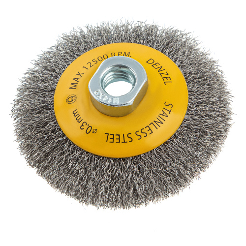 Щетка для УШМ, 100 мм, "Тарелка", витая нержавеющая проволока 0.3 мм, М14 Denzel по ценам производителя в Уфе с доставкой по всей России