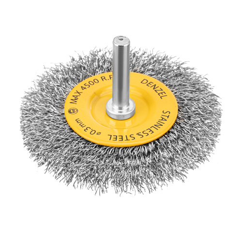 Щетка для дрели, 75 мм, Плоская, со шпилькой, нержавеющая витая проволока Denzel по ценам производителя в Уфе с доставкой по всей России