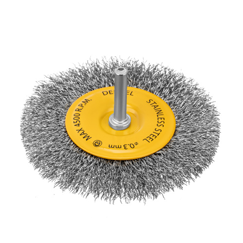 Щетка для дрели 100 мм, Плоская, со шпилькой, нержавеющая витая проволока Denzel по ценам производителя в Уфе с доставкой по всей России