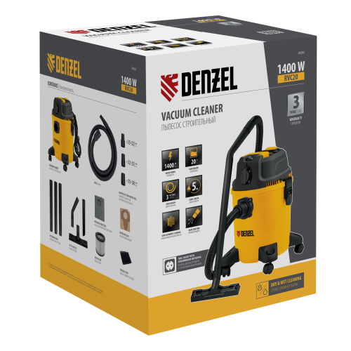 Пылесос строительный RVC20, 1400 Вт, бак 20 л, шланг 3 м, розетка с автосинхр. Denzel по ценам производителя в Уфе с доставкой по всей России