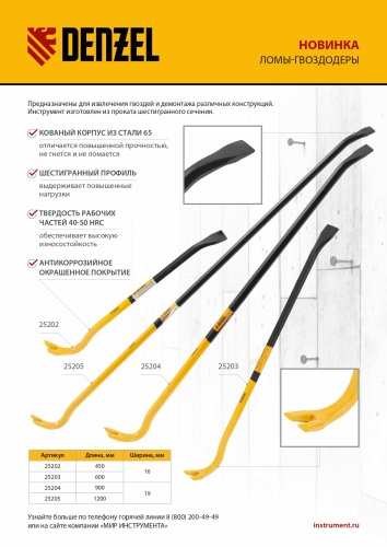 Лом-гвоздодер, 900 мм, шестигранный 19 мм, окрашенный, сталь 65 Denzel по ценам производителя в Уфе с доставкой по всей России