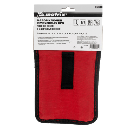 Набор ключей имбусовых HEX, 1.5-12 мм, CrV, 10 шт, удлиненных, шарообразный наконечник, с сатинированным покрытием, чехол Matrix по ценам производителя в Уфе с доставкой по всей России