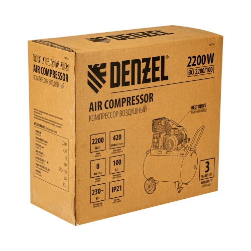 Компрессор воздушный рем. привод BCI 2200/100, 2,2 кВт, 100 литров, 420 л/мин Denzel по ценам производителя в Уфе с доставкой по всей России