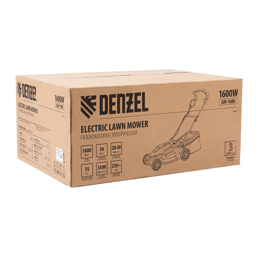 Газонокосилка электрическая GM-1600, 1600 Вт, ширина 36 см, 3 уровя, травосборник 35 л. Denzel по ценам производителя в Уфе с доставкой по всей России