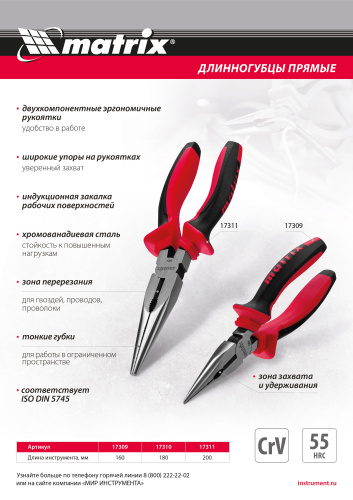 Длинногубцы прямые, 200 мм, хром-ванадий, двухкомпонентные рукоятки Matrix по ценам производителя в Уфе с доставкой по всей России