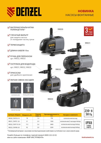 Насос фонтанный FNP18-14, 18 Вт, подъем 1,4 м, 750 л/ч, колокольчик/каскад Denzel по ценам производителя в Уфе с доставкой по всей России