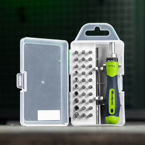 Отвертка реверсивная для точных работ с набором бит и торцевых головок, 32 предмета, CrV Сибртех по ценам производителя в Уфе с доставкой по всей России