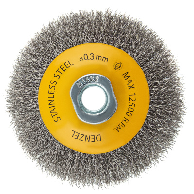 Щетка для УШМ, 100 мм, "Тарелка", витая нержавеющая проволока 0.3 мм, М14 Denzel по ценам производителя в Уфе с доставкой по всей России