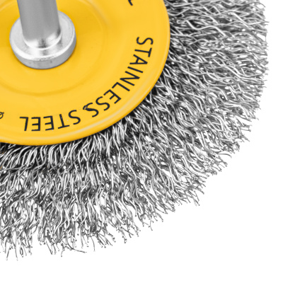 Щетка для дрели, 75 мм, Плоская, со шпилькой, нержавеющая витая проволока Denzel по ценам производителя в Уфе с доставкой по всей России
