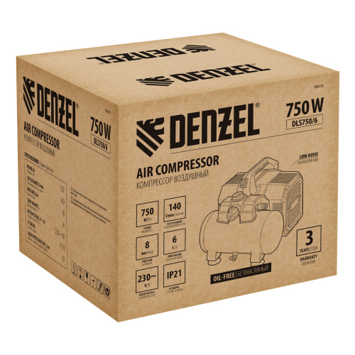 Компрессор  DLS750/6 безмасляный малошумный 750 Вт, 140 л/мин,ресивер 6 л Denzel по ценам производителя в Уфе с доставкой по всей России