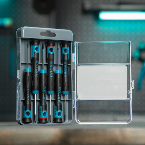 Набор отверток для точной механики, CrMo, двухкомпонентные рукоятки, 6 шт, пластиковый бокс Gross по ценам производителя в Уфе с доставкой по всей России