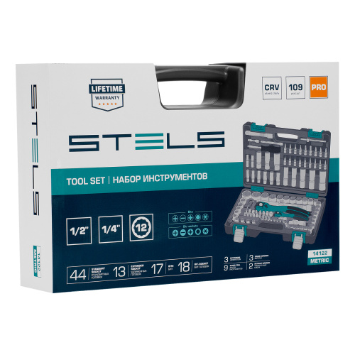 Набор инструментов 1/2", 1/4", CrV, 12 гранные головки, пластиковый кейс, 109 предмета Stels по ценам производителя в Уфе с доставкой по всей России
