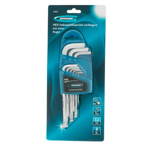 Набор ключей имбусовых HEX, 1.5-10 мм, S2, 9 шт, удлиненные с шаром, сатинированные Gross по ценам производителя в Уфе с доставкой по всей России