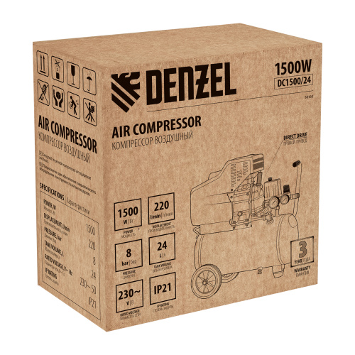 Компрессор воздушный DC1500/24, прямой привод, 1.5 кВт, 24 литра, 220 л/мин Denzel по ценам производителя в Уфе с доставкой по всей России