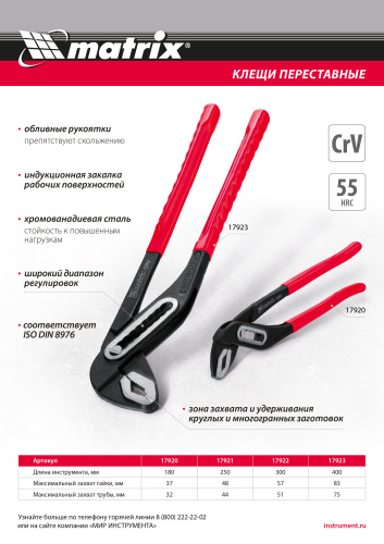 Клещи переставные 250 мм, хром-ванадий, обливные рукоятки Matrix купить в Москве с доставкой по всей России | ProtosMarket.ru