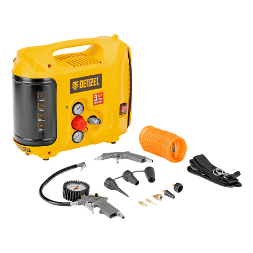 Компрессор воздушный DL1300, 10 бар, 1,3 кВт 180 л/мин 5 л, с набором аксессуаров Denzel по ценам производителя в Уфе с доставкой по всей России