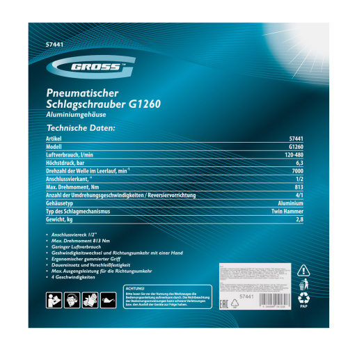 Гайковерт пневматический ударный G1260,1/2, Twin Hammer, 813Нм, 7000 об/мин Gross по ценам производителя в Уфе с доставкой по всей России
