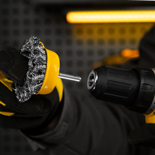 Щетка для дрели, 65 мм, Чашка, со шпилькой, нержавеющая крученая проволока Denzel по ценам производителя в Уфе с доставкой по всей России