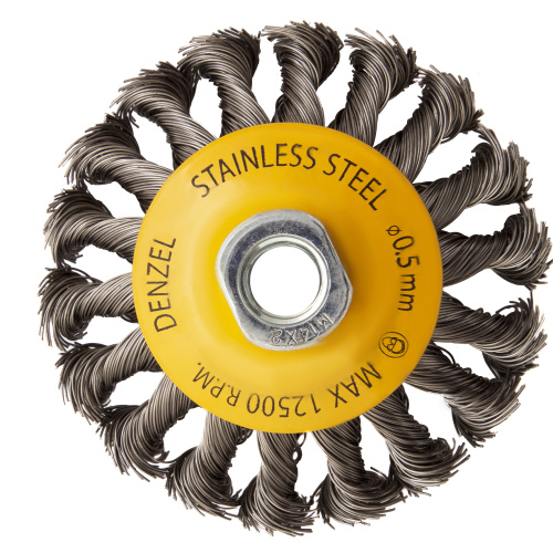 Щетка для УШМ, 100 мм, "Тарелка", крученая нержавеющая проволока 0.5 мм, М14 Denzel по ценам производителя в Уфе с доставкой по всей России