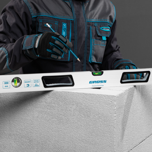 Уровень алюминиевый, 800 мм, усиленный, рукоятки, фрезерованный, 3 глазка, магнитный Gross по ценам производителя в Уфе с доставкой по всей России