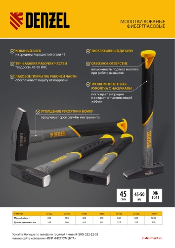 Молоток слесарный, 200 г, кованый, фибергласовая рукоятка c TPR покрытием Denzel по ценам производителя в Уфе с доставкой по всей России