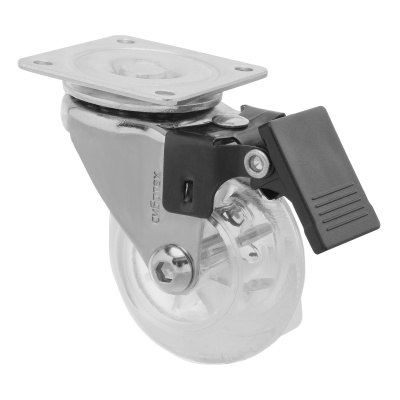 Колесо ПУ прозрачное поворотное с тормозом d-50 мм, крепление платформенное Сибртех по ценам производителя в Уфе с доставкой по всей России