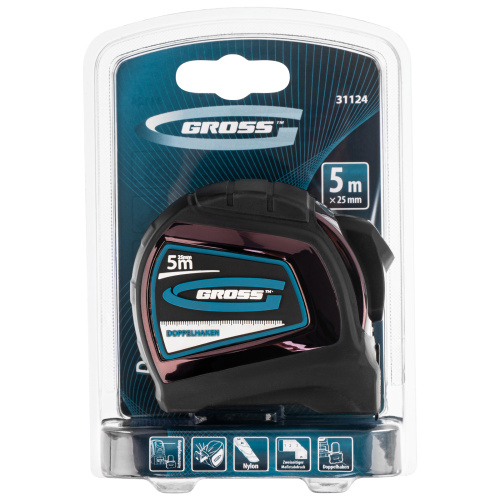 Рулетка "Doppelhaken",5 м x 25 мм,двухсторонний зацеп,Нейлон,двусторонняя шкала,автоматическая фиксация Gross по ценам производителя в Уфе с доставкой по всей России