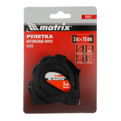 Рулетка Black,3 м х 16 мм,обрезиненный корпус Matrix по ценам производителя в Уфе с доставкой по всей России