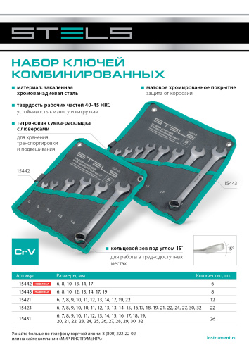 Набор ключей комбинированных 6-19 мм, 8 шт., CrV, матовый хром Stels по ценам производителя в Уфе с доставкой по всей России