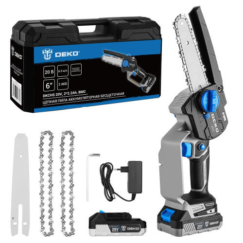 Пила цепная аккумуляторная бесщеточная DEKO DKCHS 20V, 6", 20В, 2x2.2Ач, 2 шины и 3 цепи в кейсе по ценам производителя в Уфе с доставкой по всей России