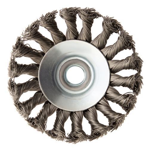 Щетка для УШМ, 100 мм, "Тарелка", крученая нержавеющая проволока 0.5 мм, М14 Denzel по ценам производителя в Уфе с доставкой по всей России