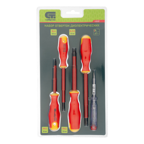 Набор отверток диэлектрических до 1000 В, 5 шт, тестер, CrV, двухкомпонентные рукоятки Сибртех по ценам производителя в Уфе с доставкой по всей России