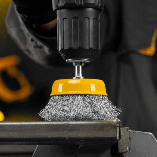 Щетка для дрели, 75 мм, Чашка, со шпилькой, нержавеющая витая проволока Denzel по ценам производителя в Уфе с доставкой по всей России