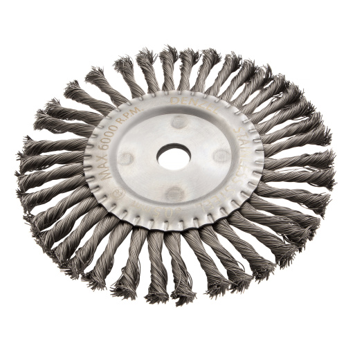 Щетка для УШМ, 200 мм, "Плоская", крученая нержавеющая проволока 0.5 мм, посадка 22.2 мм Denzel по ценам производителя в Уфе с доставкой по всей России